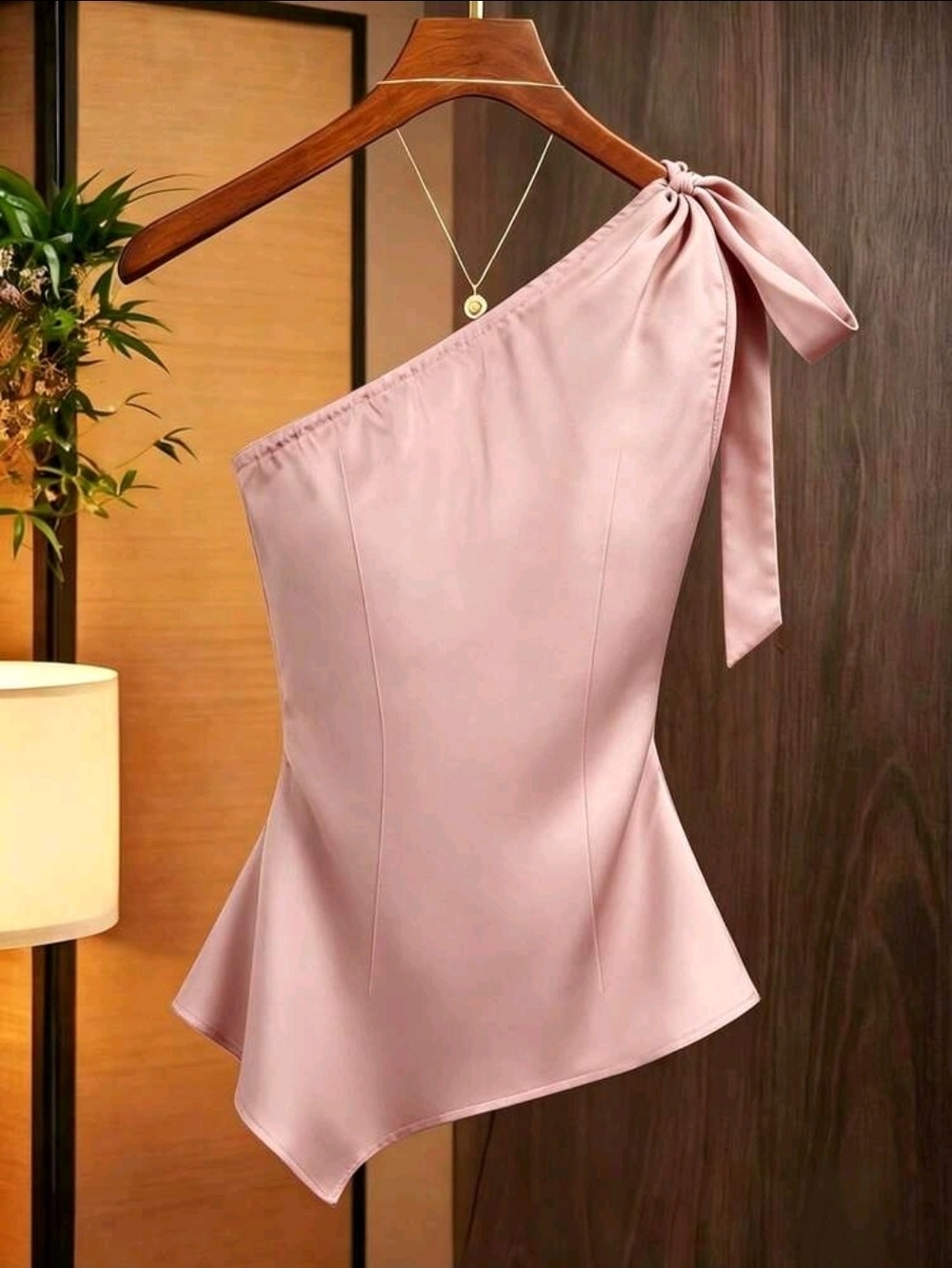 Franclia Satin Shoulder Bow Decor Asymmetrical Ruched Fitted Top - Picture 2 of 4